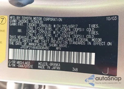 2004 Toyota Highlander Limited V6 from USA, damaged, VIN JTEDP21AX40008480